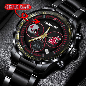 Washington State Cougars Black Stainless Steel Watch - Custom Name 58437