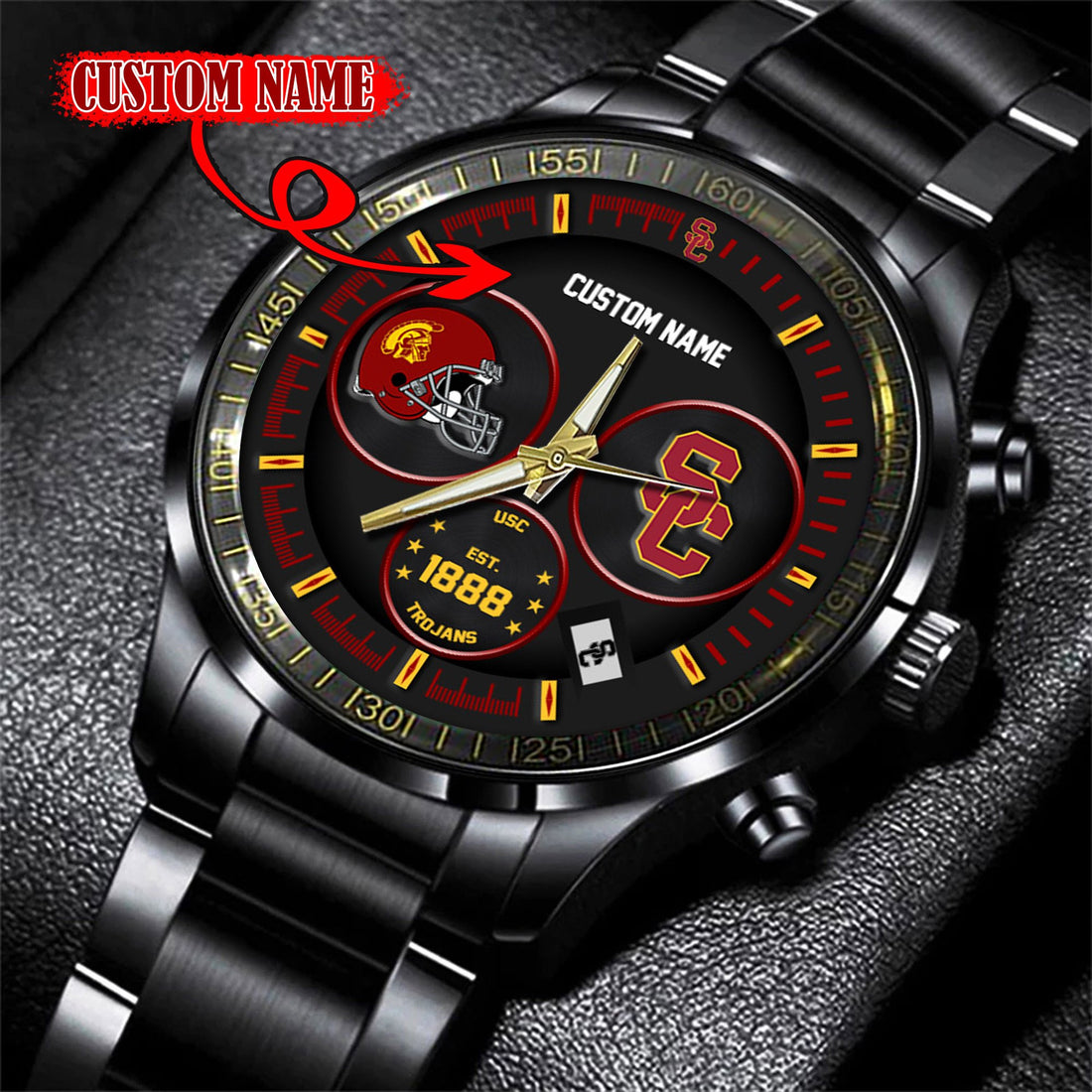 USC Trojans Black Stainless Steel Watch - Custom Name 58437
