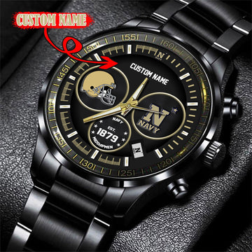 Navy Midshipmen Black Stainless Steel Watch - Custom Name 58437