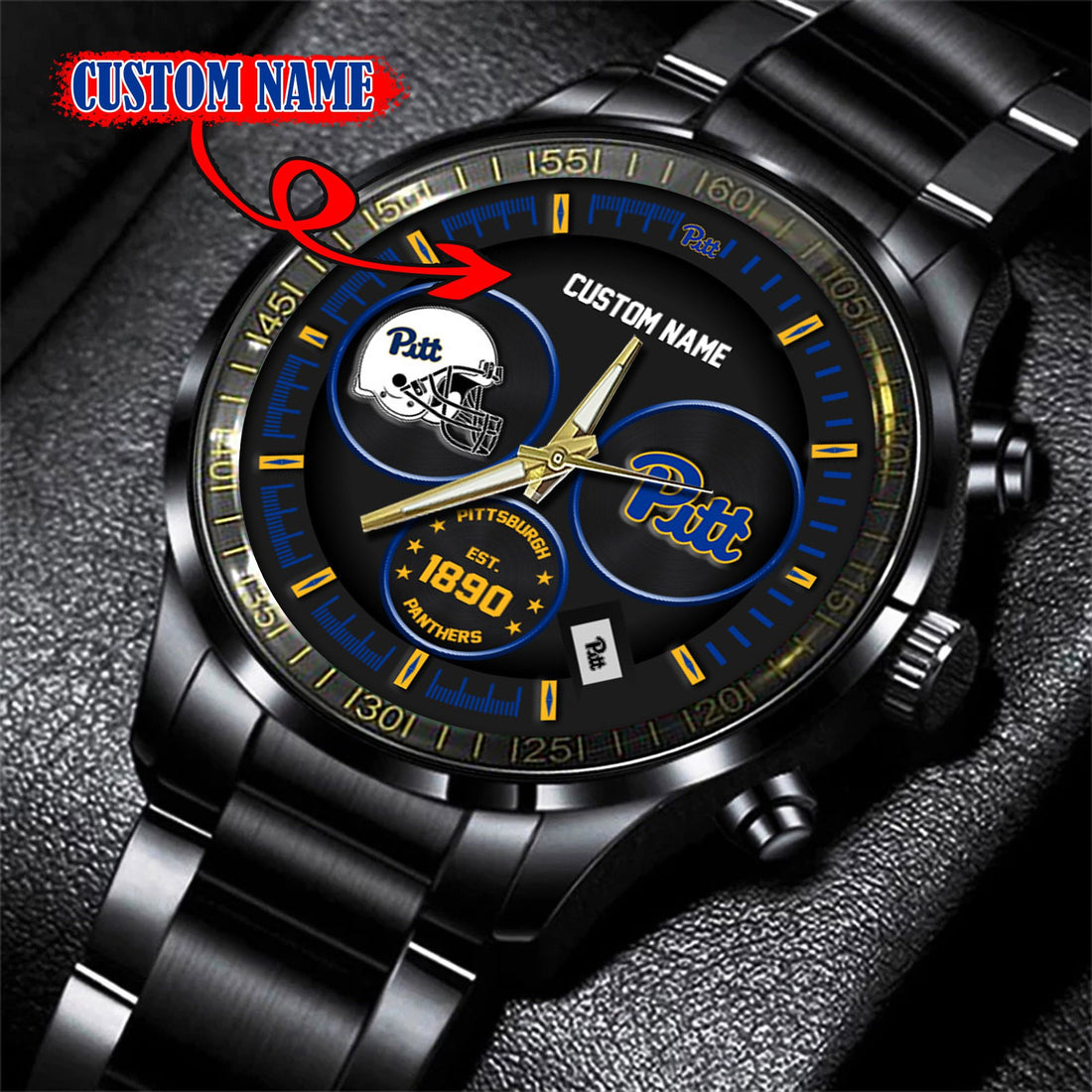 Pittsburgh Panthers Black Stainless Steel Watch - Custom Name 58437