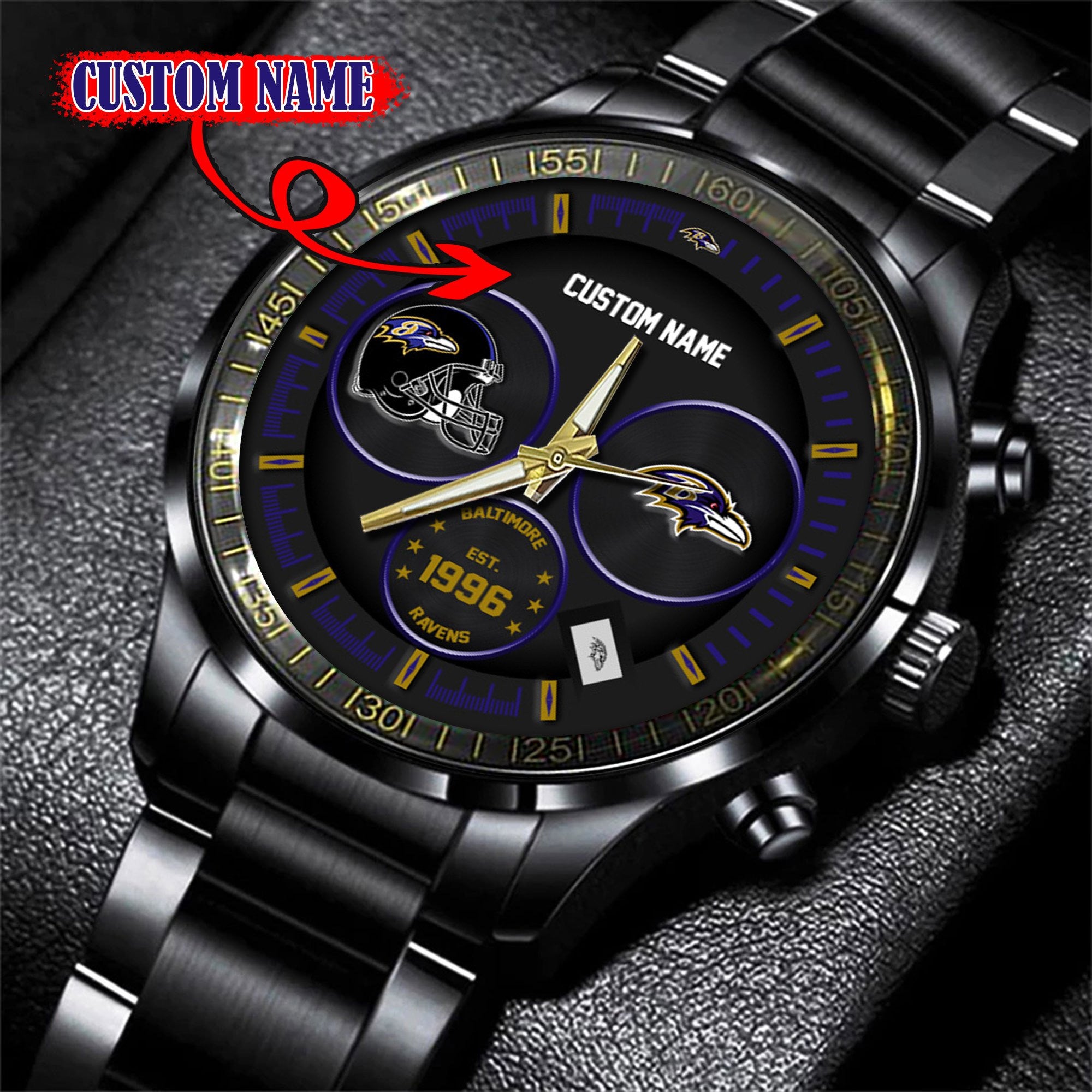 Baltimore Ravens Black Stainless Steel Watch - Custom Name 58437