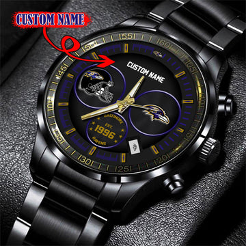 Baltimore Ravens Black Stainless Steel Watch - Custom Name 58437