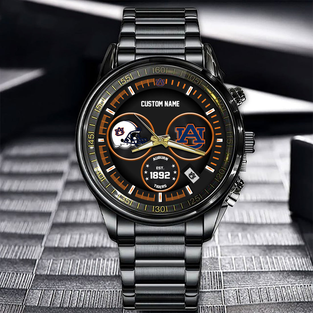 Auburn Tigers Black Stainless Steel Watch - Custom Name 58437