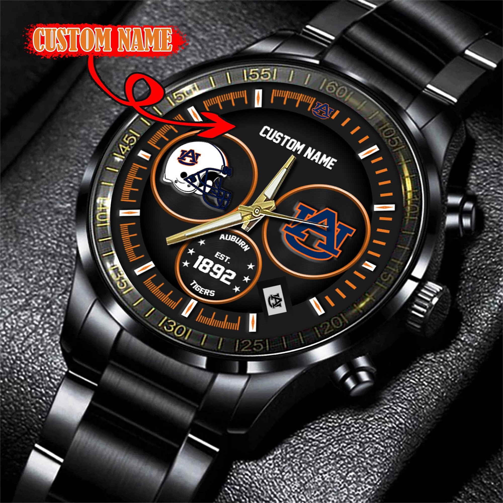 Auburn Tigers Black Stainless Steel Watch - Custom Name 58437