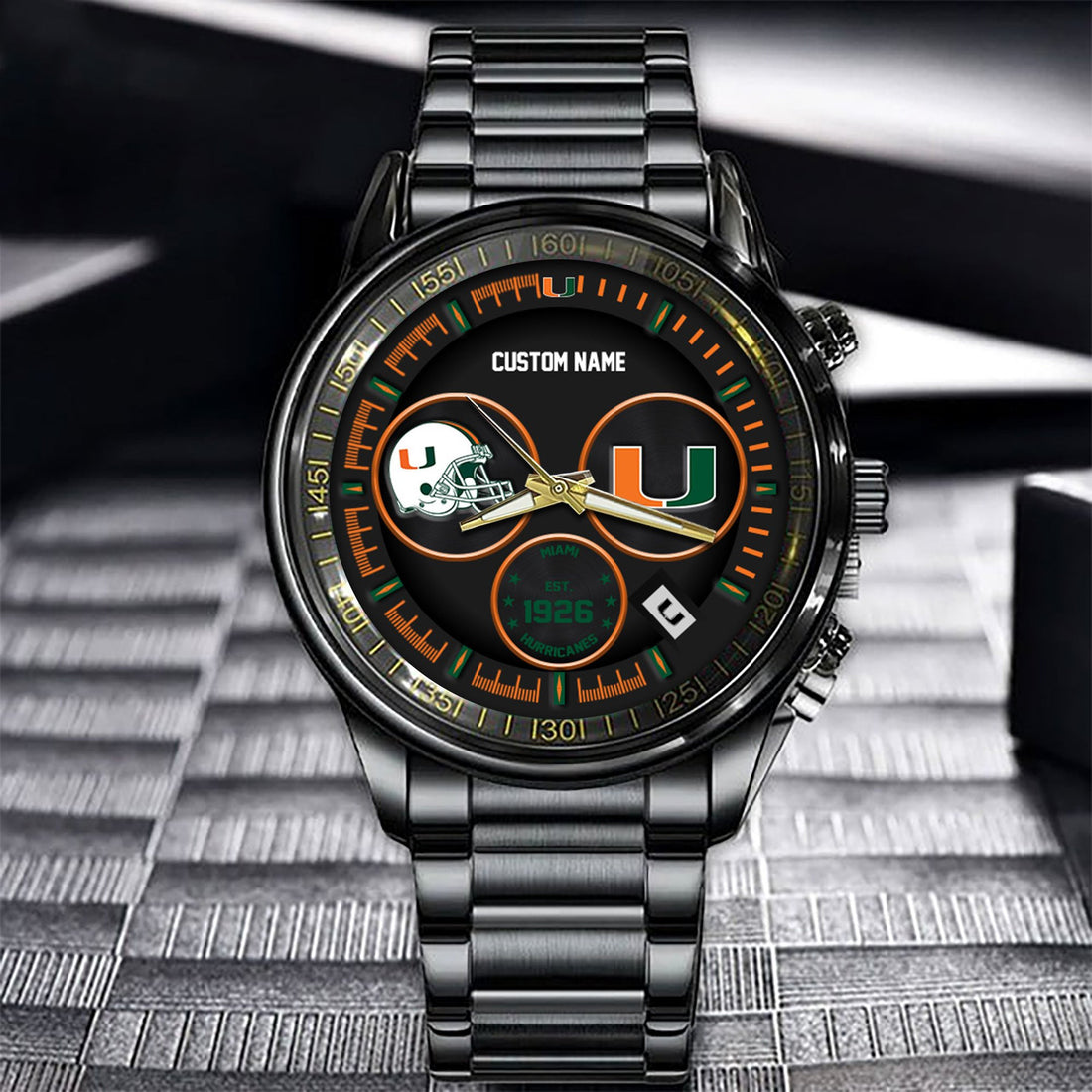 Miami Hurricanes Black Stainless Steel Watch - Custom Name 58437