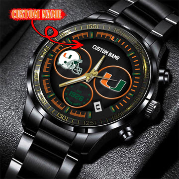 Miami Hurricanes Black Stainless Steel Watch - Custom Name 58437