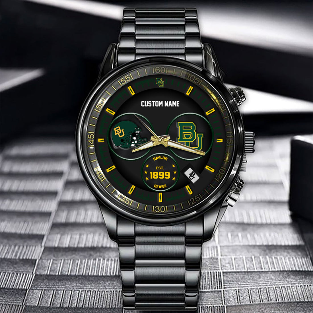Baylor Bears Black Stainless Steel Watch - Custom Name 58437