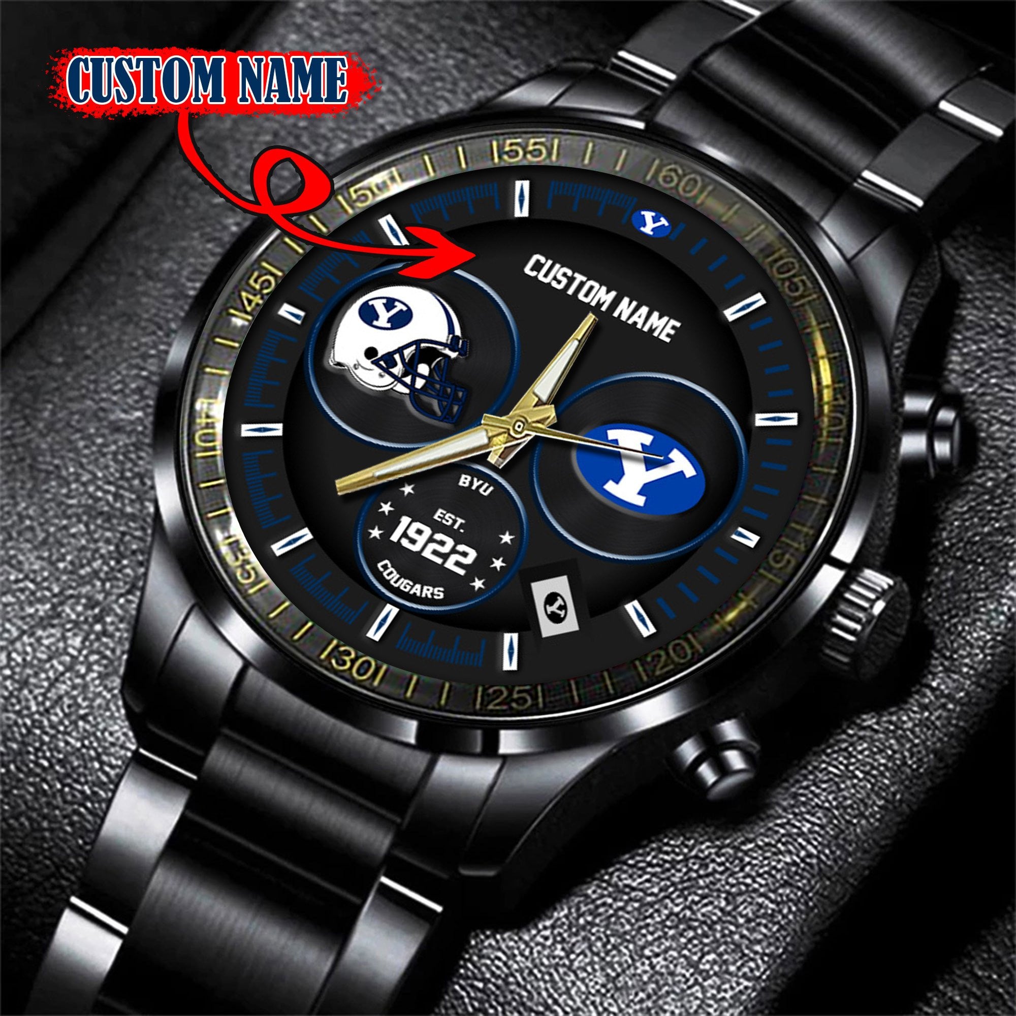 BYU Cougars Black Stainless Steel Watch - Custom Name 58437
