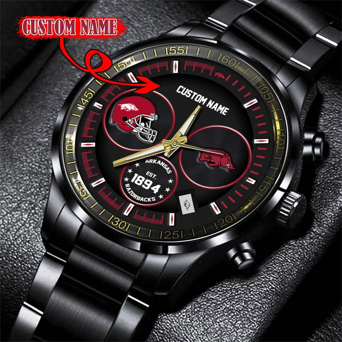 Arkansas Razorbacks Black Stainless Steel Watch - Custom Name 58437