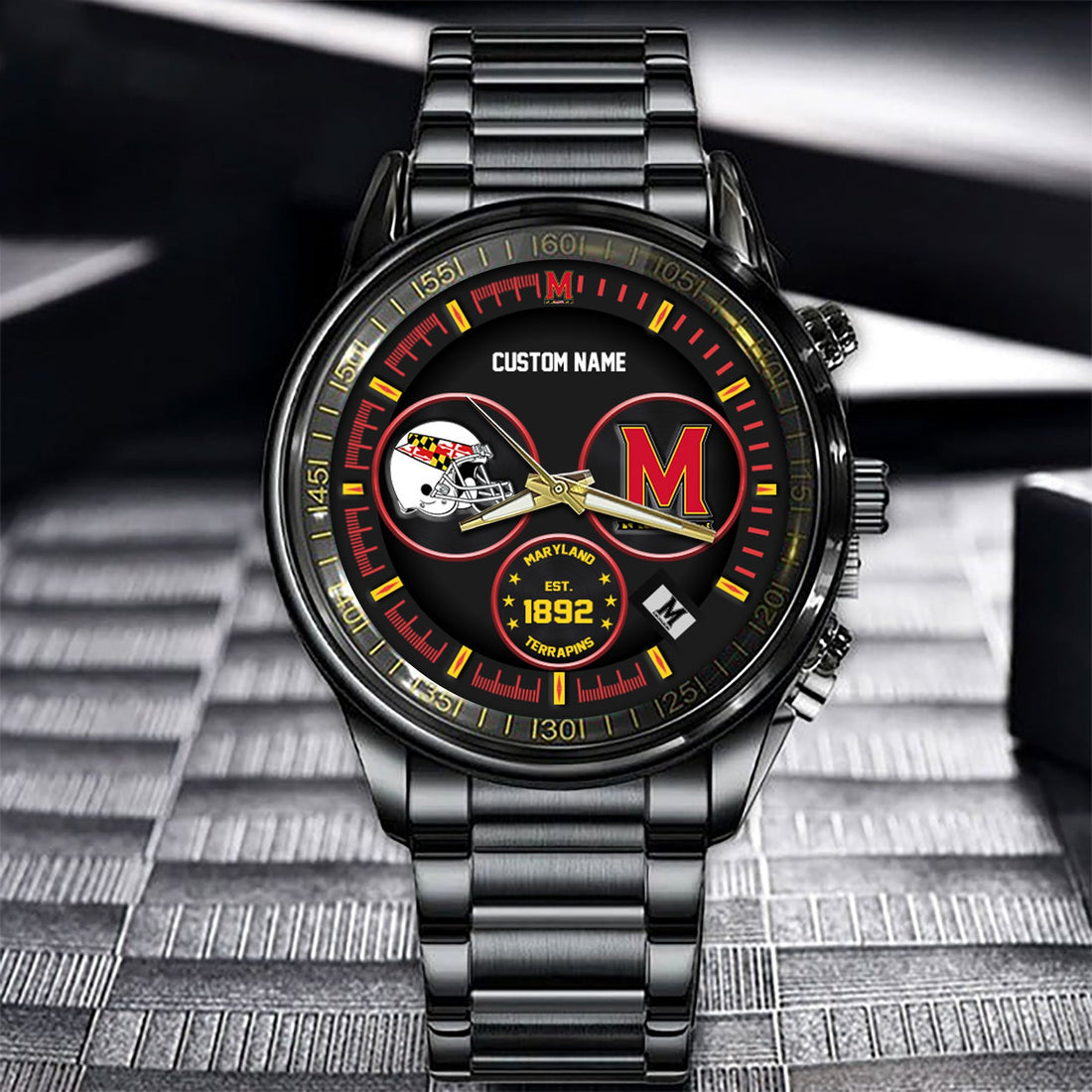 Maryland Terrapins Black Stainless Steel Watch - Custom Name 58437