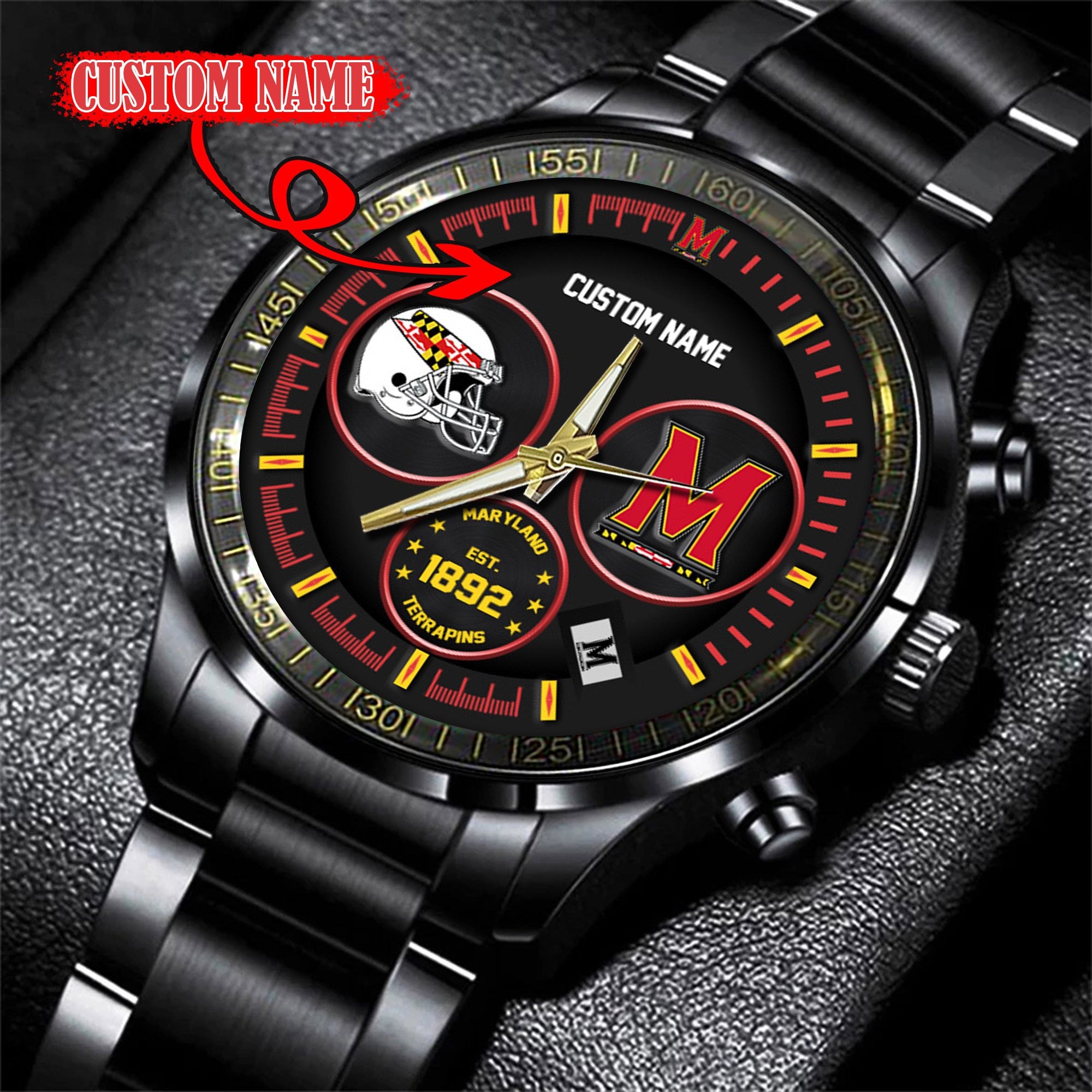 Maryland Terrapins Black Stainless Steel Watch - Custom Name 58437