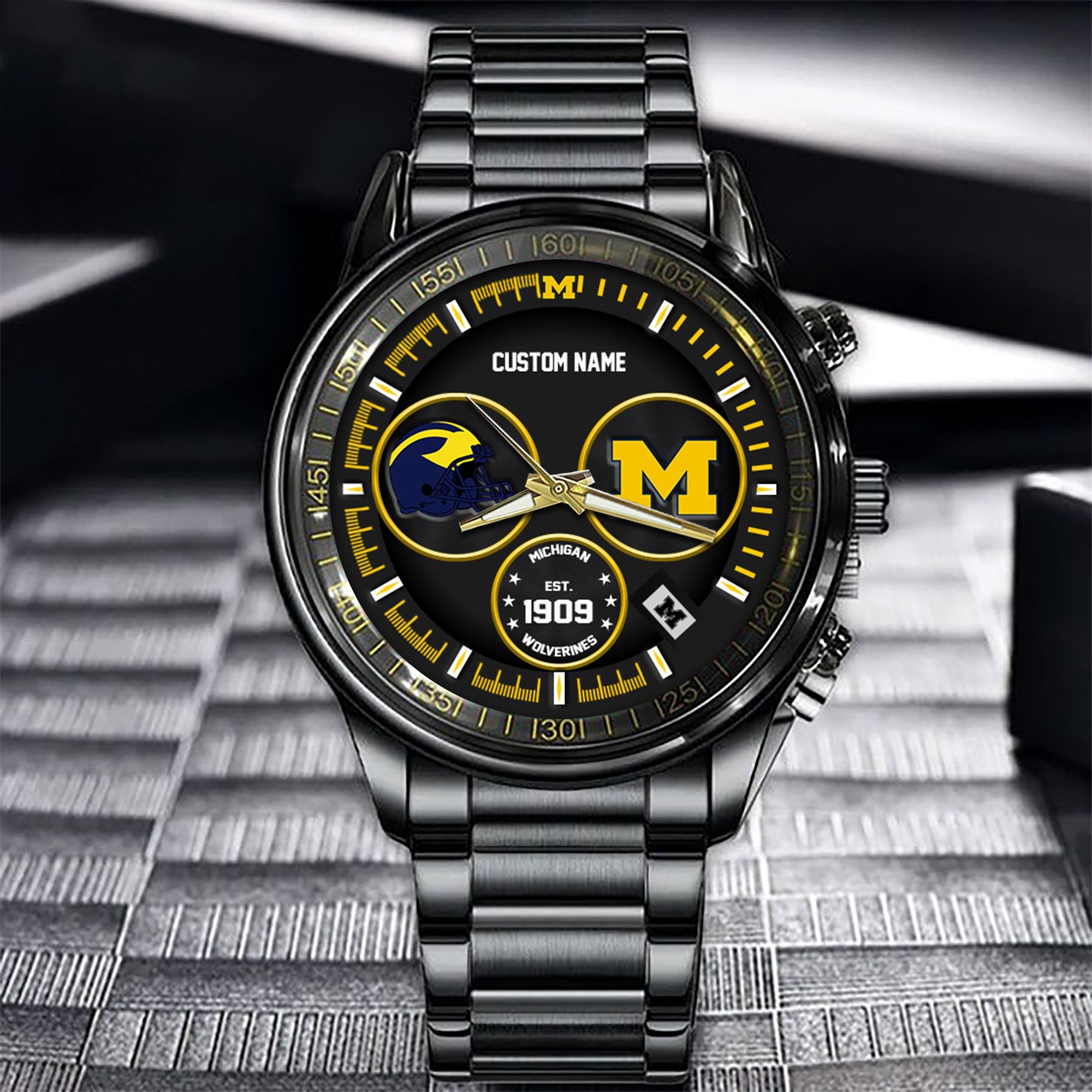 Michigan Wolverines Black Stainless Steel Watch - Custom Name 58437