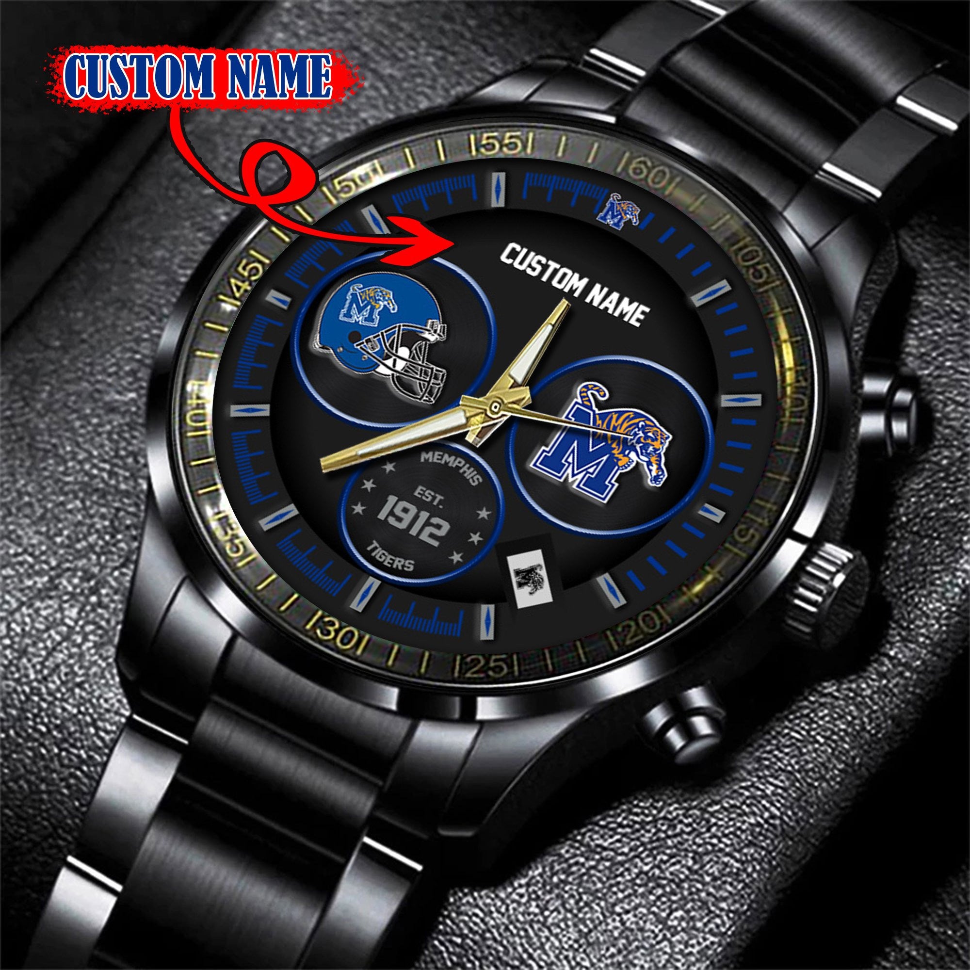 Memphis Tigers Black Stainless Steel Watch - Custom Name 58437