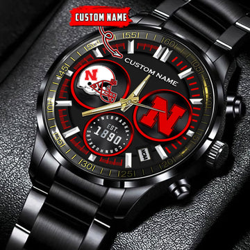 Nebraska Cornhuskers - Black Stainless Steel Watch
