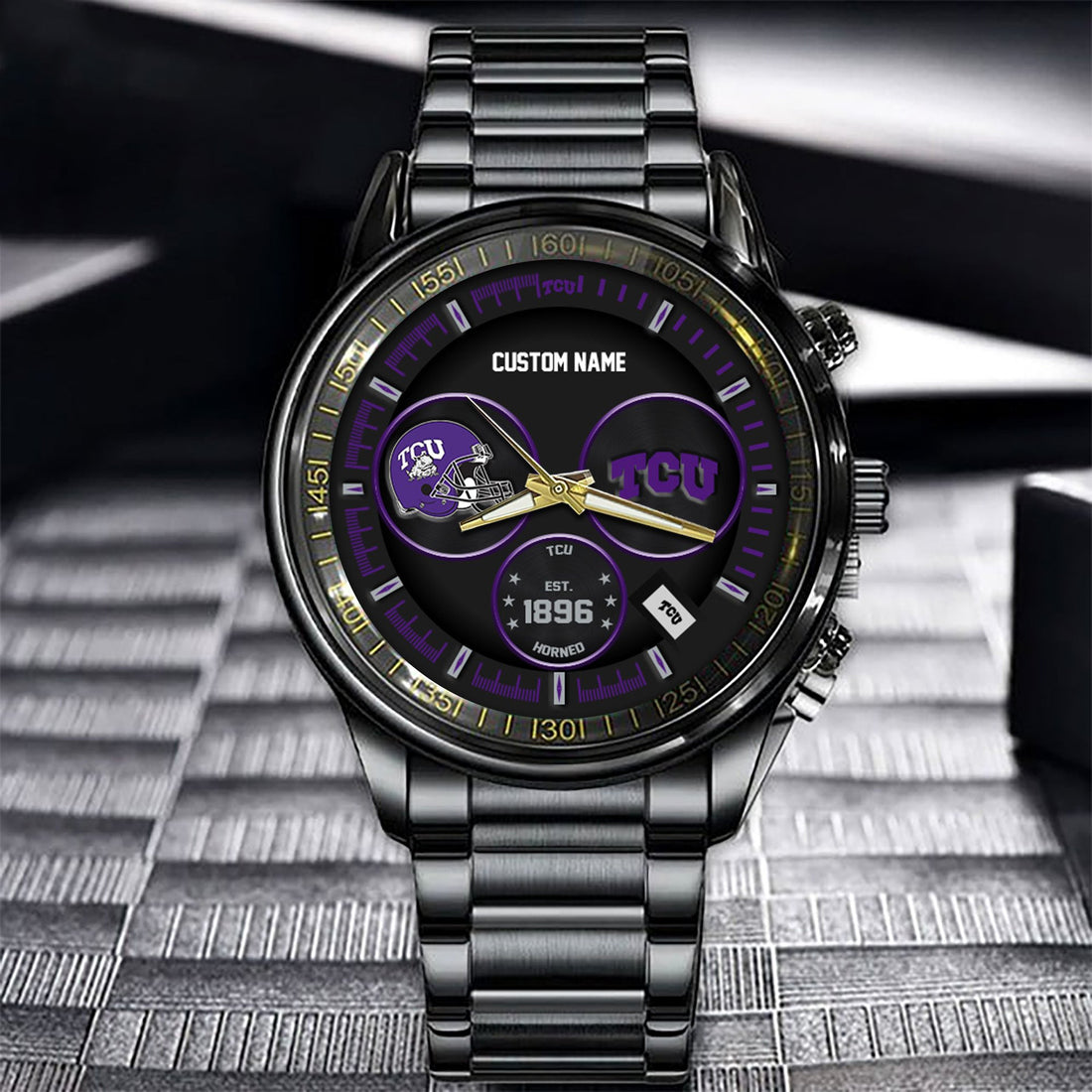 TCU Horned Frogs Black Stainless Steel Watch - Custom Name 58437