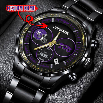 TCU Horned Frogs Black Stainless Steel Watch - Custom Name 58437