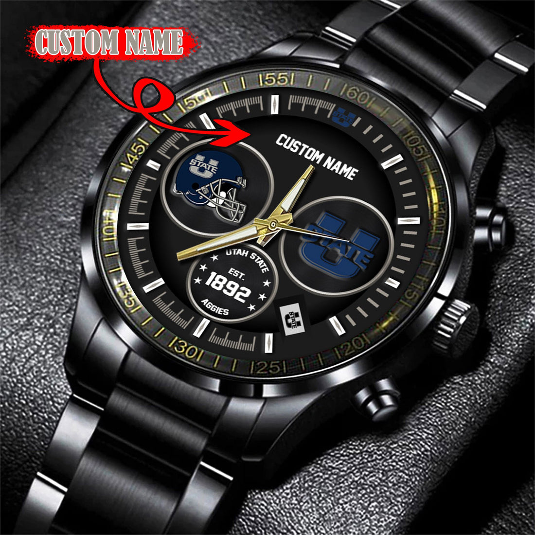Utah State Aggies Black Stainless Steel Watch - Custom Name 58437