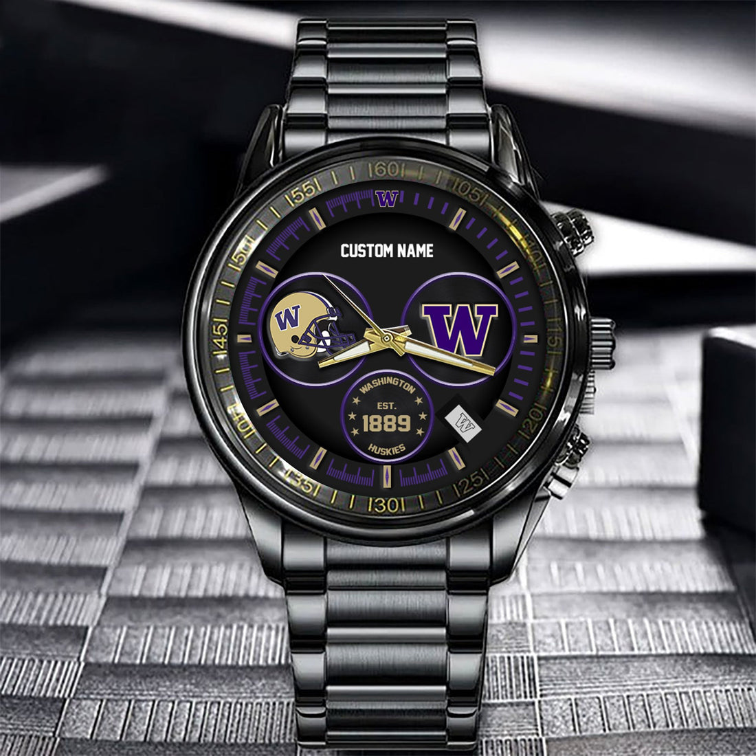 Washington Huskies Black Stainless Steel Watch - Custom Name 58437