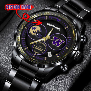 Washington Huskies Black Stainless Steel Watch - Custom Name 58437