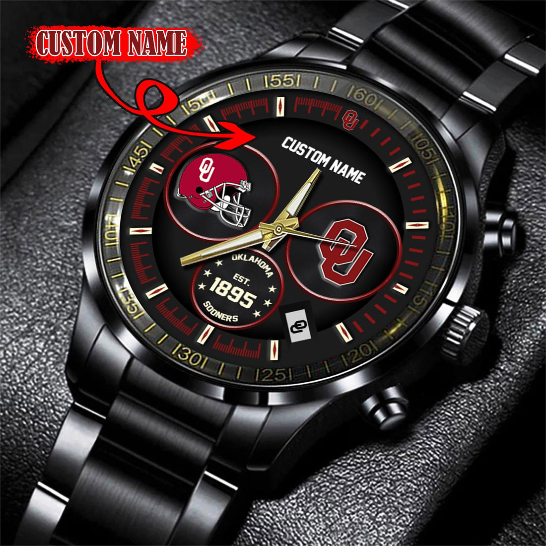 Oklahoma Sooners Black Stainless Steel Watch - Custom Name 58437