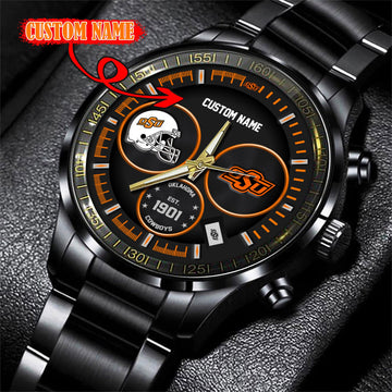Oklahoma State Cowboys Black Stainless Steel Watch - Custom Name 58437