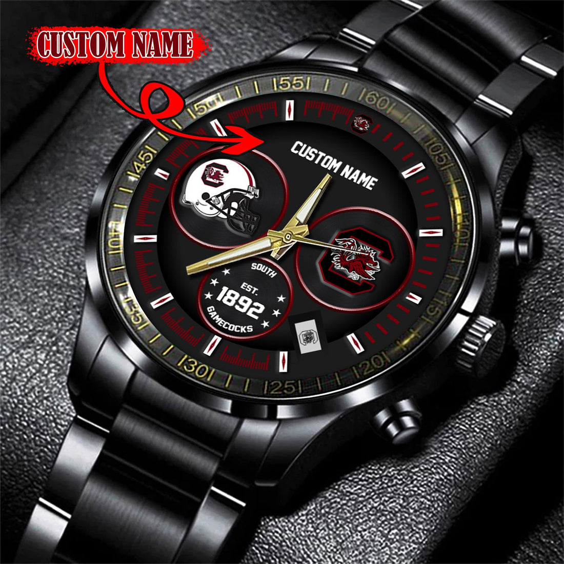 South Carolina Gamecocks Black Stainless Steel Watch - Custom Name 58437