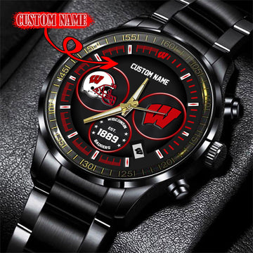 Wisconsin Badgers Black Stainless Steel Watch - Custom Name 58437