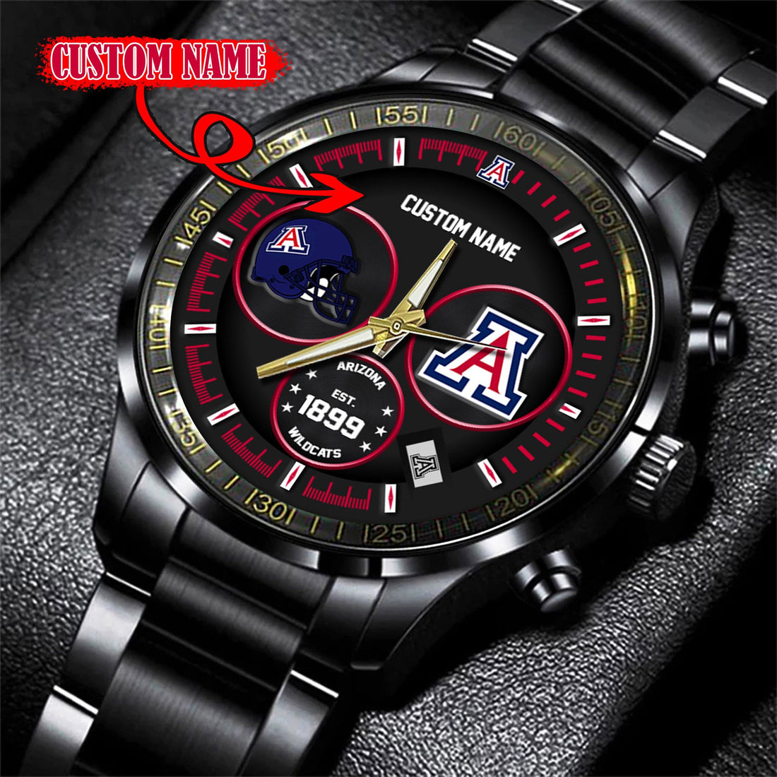 Arizona Wildcats Black Stainless Steel Watch - Custom Name 58437
