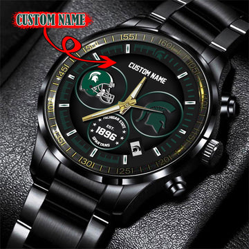 Michigan State Spartans Black Stainless Steel Watch - Custom Name 58437