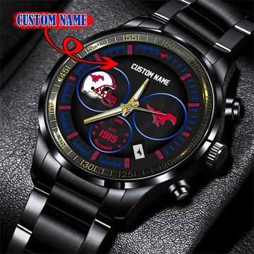 SMU Mustangs Black Stainless Steel Watch - Custom Name 58437