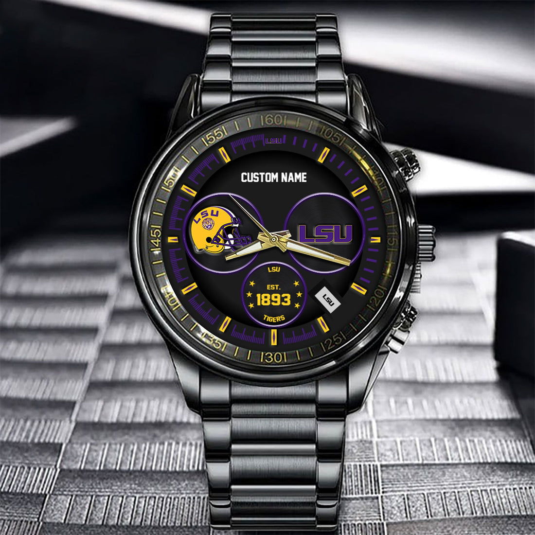 LSU TIGERS Black Stainless Steel Watch - Custom Name 58437