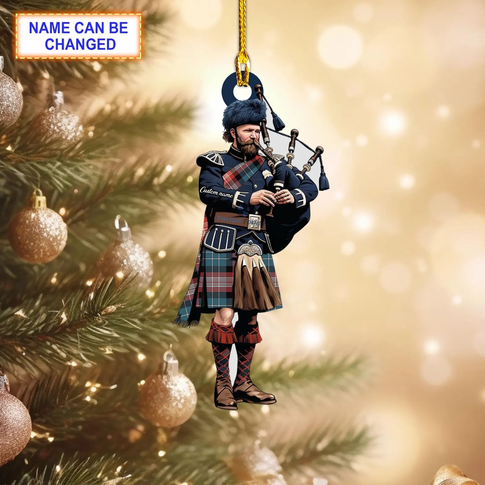 Personalized Clan American Bicentennial Ancient Tartan Bagpipe Ornament with Custom Name--Scottish Christmas Tree Decoration CQ61