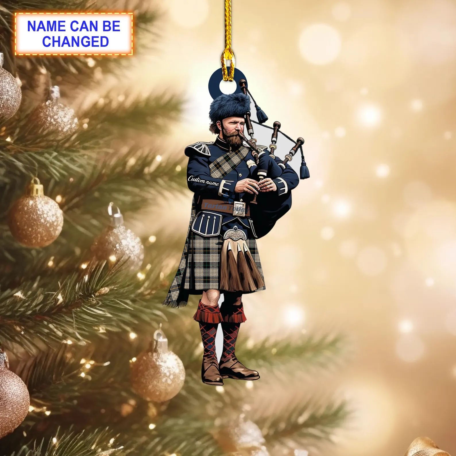 Personalized Clan Alliance of Border Scots Modern Tartan Bagpipe Ornament with Custom Name--Scottish Christmas Tree Decoration HG18