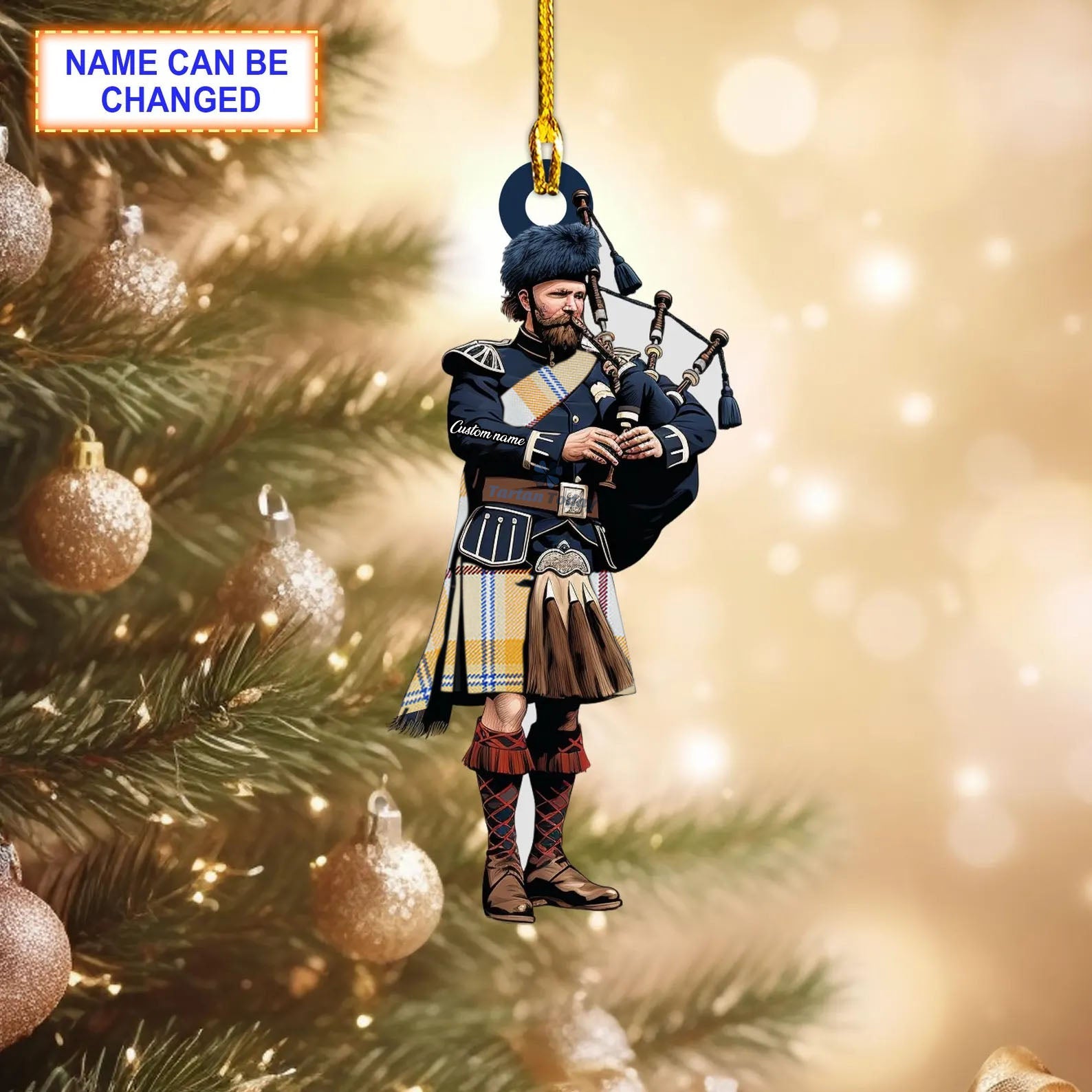 Personalized Clan Comrie Gold Modern Tartan Bagpipe Ornament with Custom Name--Scottish Christmas Tree Decoration TY65