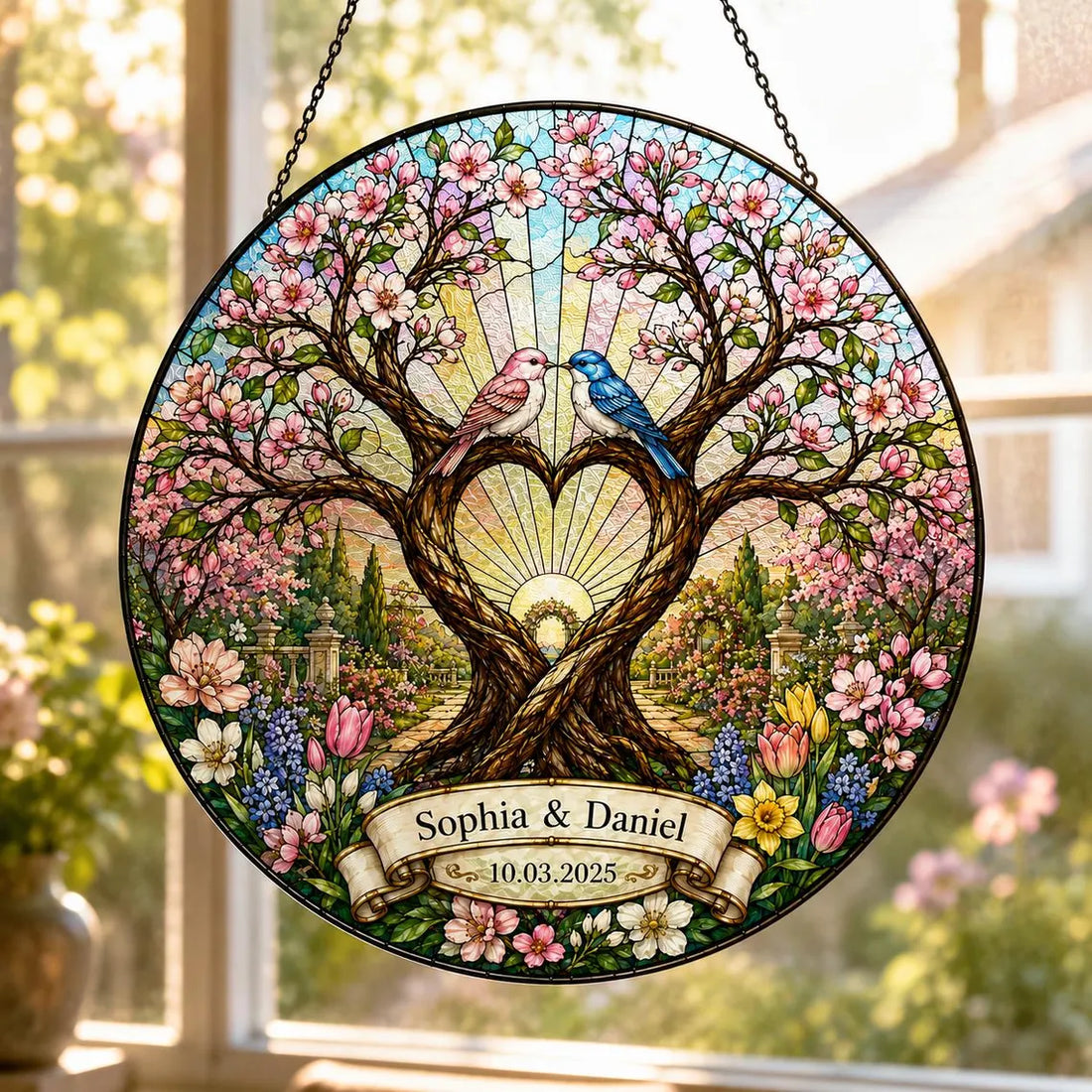 Personalized Wedding Suncatcher, Tree Heart Love Birds Window Hanging, Custom Couple Names Date, Stained Glass Style Marriage Keepsake
