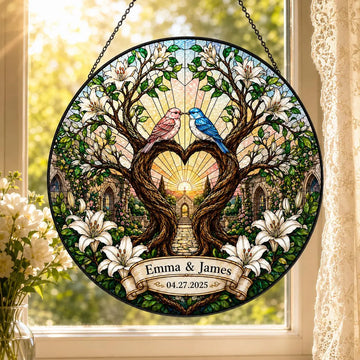 Personalized Wedding Suncatcher, Tree Heart Love Birds Window Hanging, Custom Couple Names Date, Stained Glass Style Marriage Keepsake