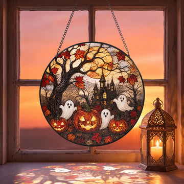 Halloween Ghost Pumpkin Stained Glass Suncatcher Cozy Cottage Halloween Window Hanging Autumn Window Art Halloween