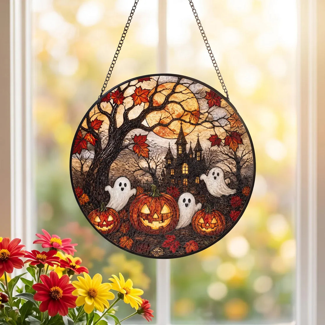 Halloween Ghost Pumpkin Stained Glass Suncatcher Cozy Cottage Halloween Window Hanging Autumn Window Art Halloween