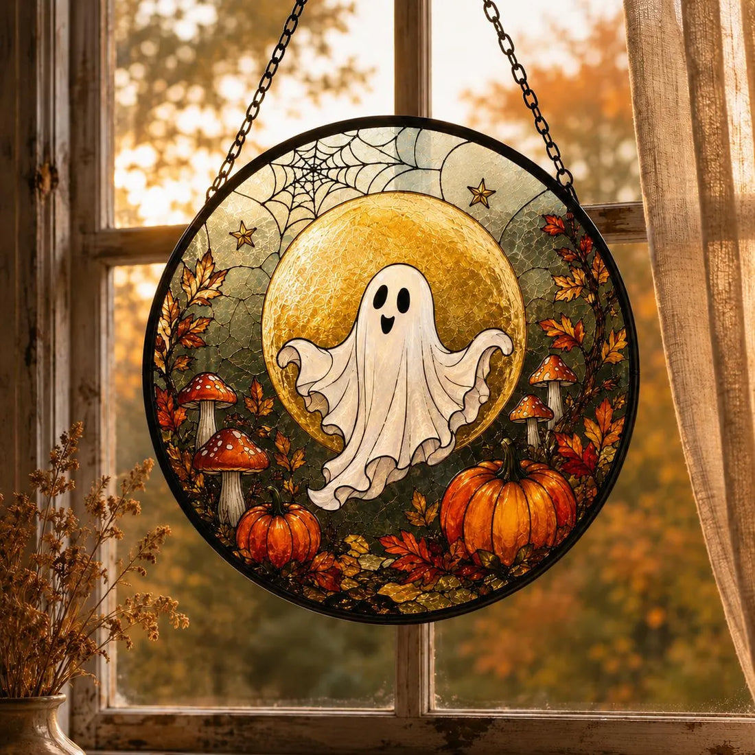 3D Raised Cute Crescent Moon Ghost Stained Glass Suncatcher Halloween Window Decor Spooky Hanging Ornament