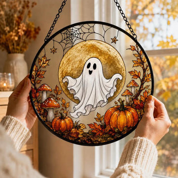 3D Raised Cute Crescent Moon Ghost Stained Glass Suncatcher Halloween Window Decor Spooky Hanging Ornament