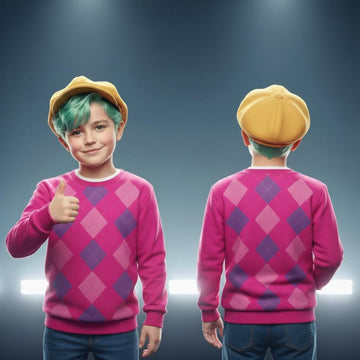 Baby Saja Costume Sweatshirt, Pink Argyle Costume Cosplay Set, Saja Boy Kpop Hunter Hoodie, Demon Hunter Merch