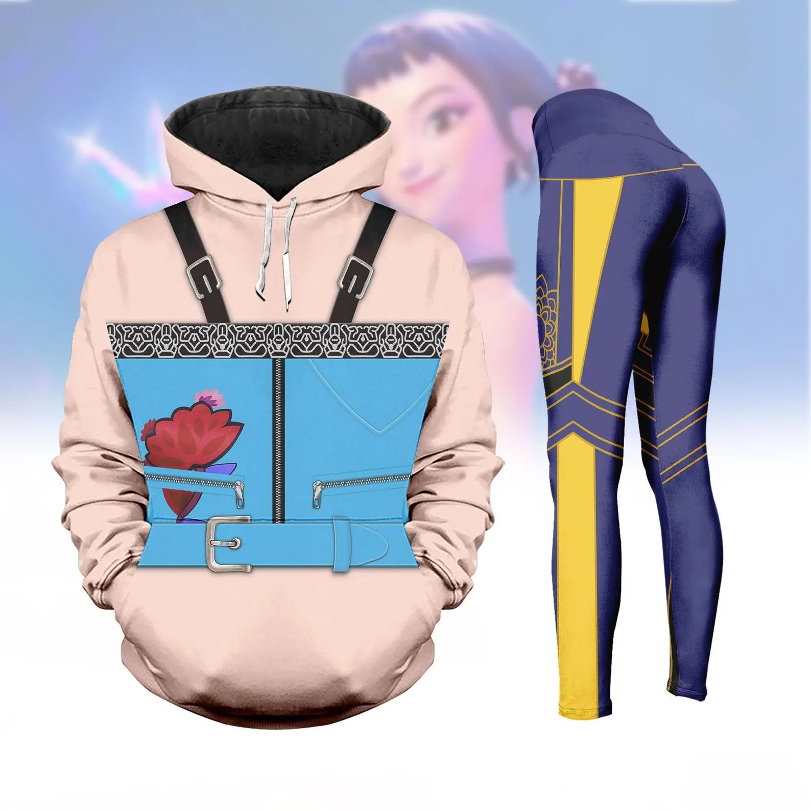 Kpop Demon Hunter Zoey Costume Hoodie, Zoey Flower Cosplay Legging For Women, Halloween Costume Huntrix Shirt Pants Set