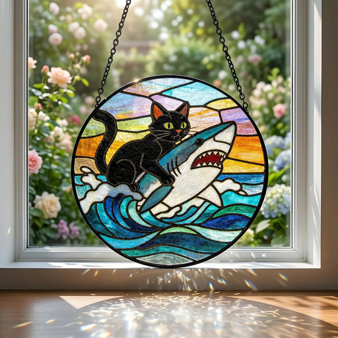 Cat Riding Shark Stained Glass Suncatcher, Funny Ocean Themed Window Hanging, Unique Cat Lover Gift, Whimsical Home Decor