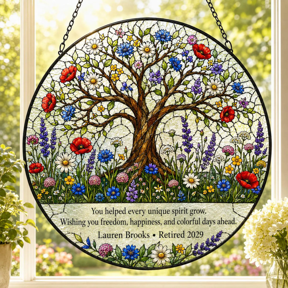Personalized Retirement Suncatcher, Tree of Life Stained Glass Gift, Custom Retirement Window Hanging for Teacher Coworker Boss