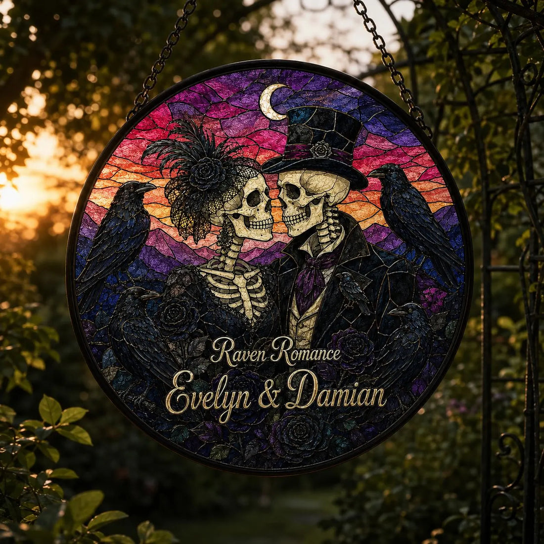 Personalized Gothic Skeleton Couple Suncatcher, Custom Names, Dark Romance Stained Glass Window Hanging, Halloween Wedding Anniversary Gift