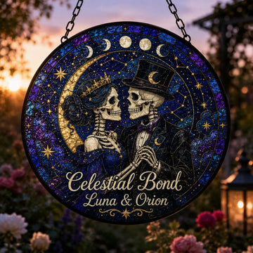 Personalized Gothic Skeleton Couple Suncatcher, Custom Names, Dark Romance Stained Glass Window Hanging, Halloween Wedding Anniversary Gift