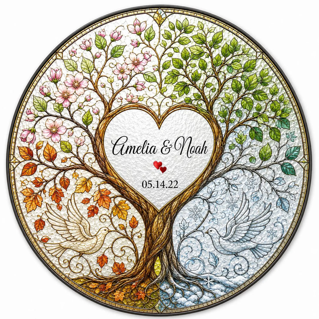 Personalized Wedding Anniversary Gift for Couple, Four Seasons Tree of Life Stained Glass Suncatcher, Custom Couple Window Hanging Keepsake