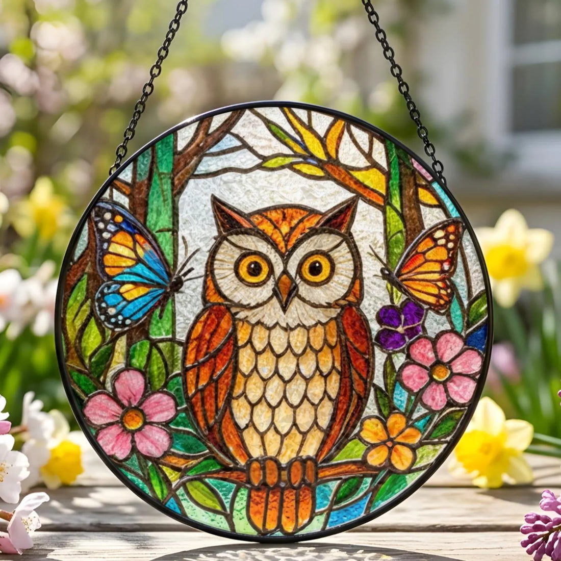 Owl Stained Glass Suncatcher, Owl Floral Window Hanging, Nature Inspired Home Decor, Handmade Gift for Owl Lovers
