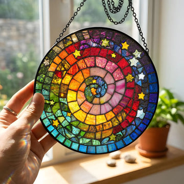 Rainbow Spiral Star Stained Glass Suncatcher, Colorful Swirl Galaxy Window Hanging, Glitter Star Stained Glass Gift Forher