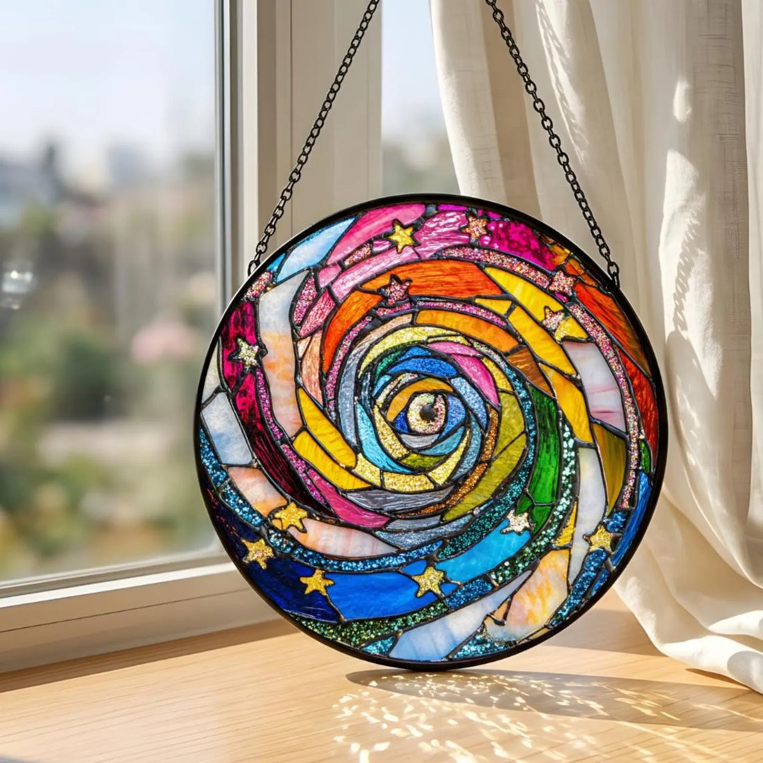 Rainbow Spiral Star Stained Glass Suncatcher, Colorful Swirl Galaxy Window Hanging, Glitter Star Stained Glass Gift Forher